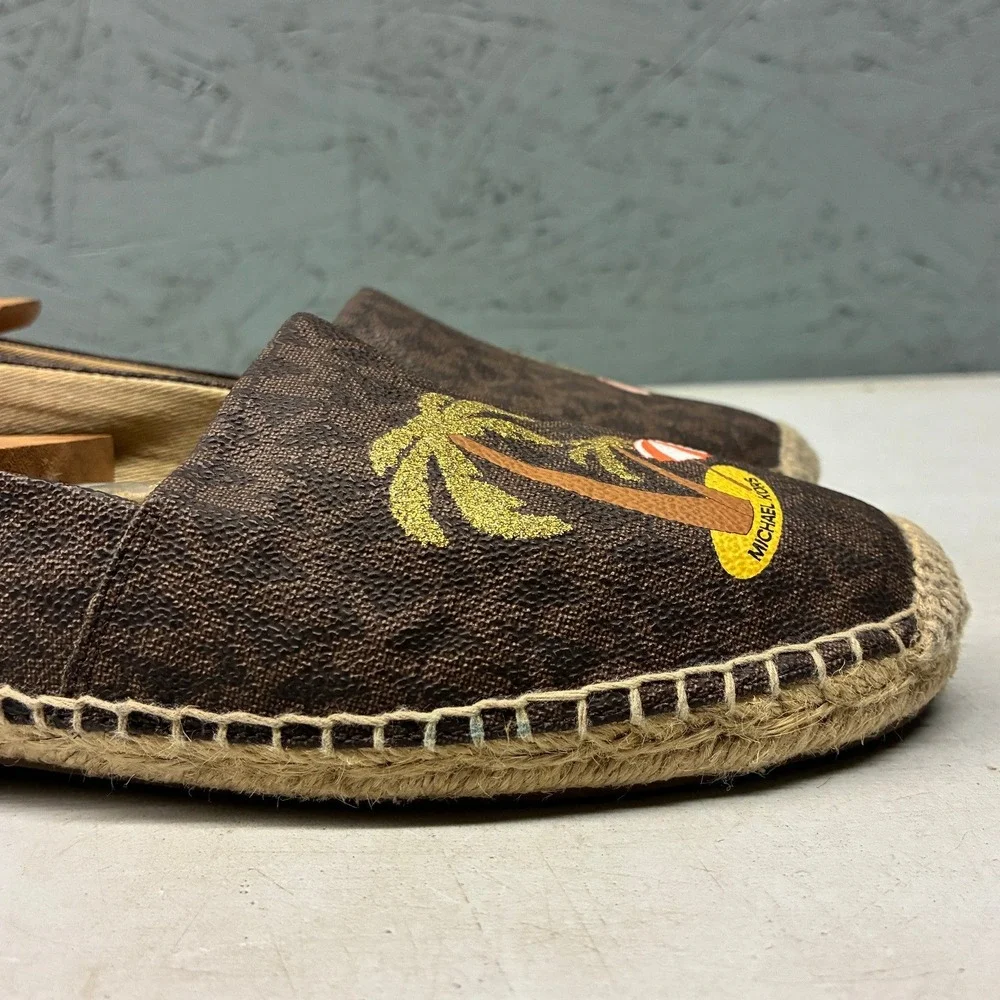 Michael Kors Espadrilles Women's 8.5M Brown Monogram Palm Tree Slip On Beach